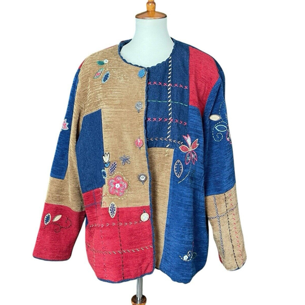 Koret City Blues Embroidered Patchwork Jacket Women 20W Floral Denim Vintage 80s - Picture 7 of 14